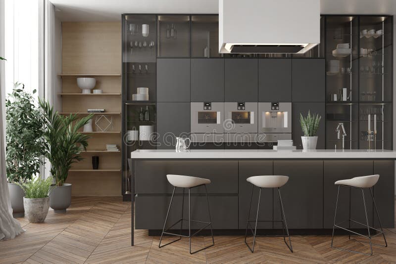 Modernes Kücheninneres mit Wohnzimmer. Modernes Kücheninneres mit Wohnzimmer 3d rendern