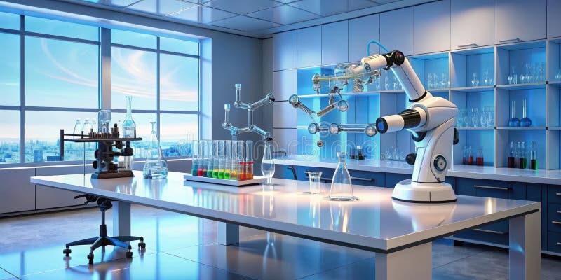 Modernes Labor mit Roboterarm und wissenschaftlicher Ausrüstung. Generative AI lizenzfreie abbildung