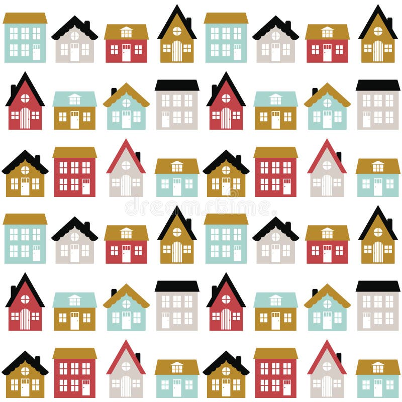 Modernes nahtloses kindisches Muster mit netten Häusern in der skandinavischen Art Scherzt Stadtbeschaffenheit für Druck