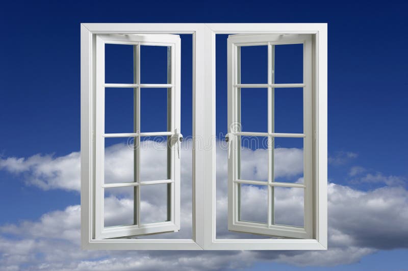 Modernes Plastikbelüftungs-Fenster, das in blauen Himmel schwimmt lizenzfreie stockbilder Modernes Plastikbelüftungs-Fenster, das in blauen Himmel schwimmt lizenzfreie stockbilder