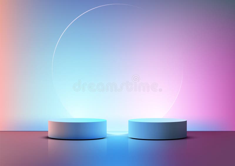 Modernes technolog blaues Podest-Display auf einer reflektierenden Oberfläche mit weichem Licht ein transparenter Kreis mit Farbve stock abbildung