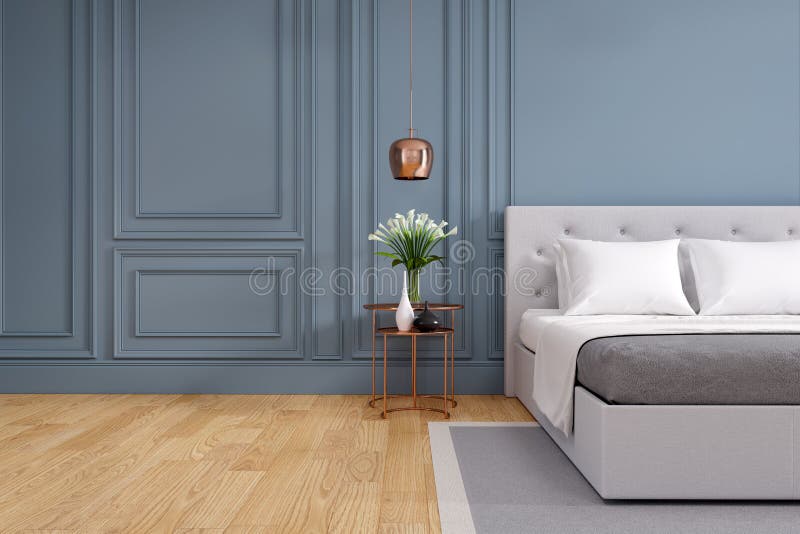 Modernes und altes Schlafzimmer Design gemütliches graues Zimmerkonzept stock abbildung