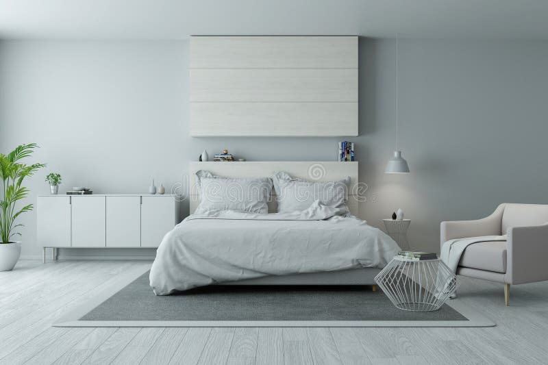 Modernes und minimalistisches Zimmer-Design, gemütliches Konzept in Weiß und Grau stock abbildung