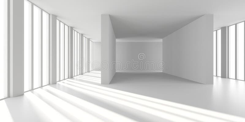 Modernes weißes minimalistisches Interieur mit geometrischer Architektur und Sonnenlicht lizenzfreie abbildung