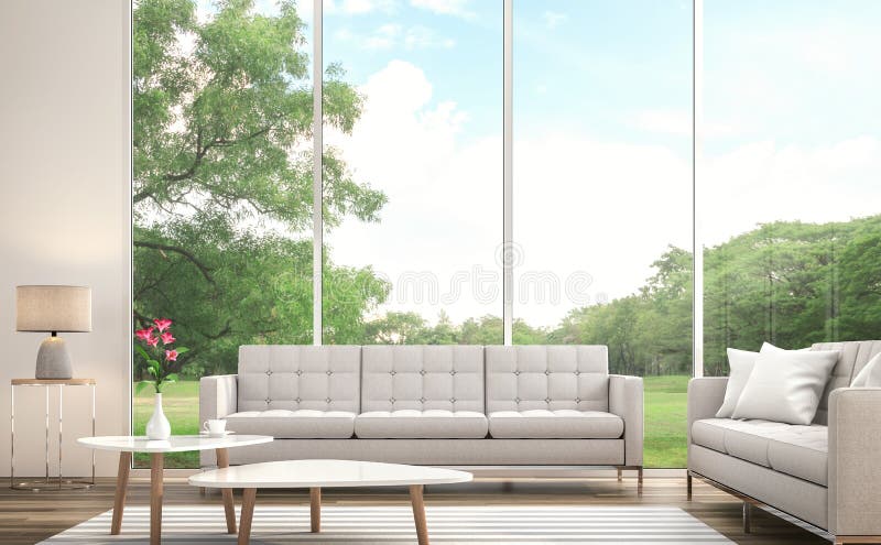 Modernes weißes Wohnzimmer 3d übertragen Es gibt großes Fenster Übersieht zum großen Garten vektor abbildung Modernes weißes Wohnzimmer 3d übertragen Es gibt großes Fenster Übersieht zum großen Garten vektor abbildung