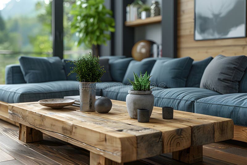 Modernes Wohnzimmer gemütliche Einrichtung mit echter Holzverkleidung Kaffeetisch. ai generiert