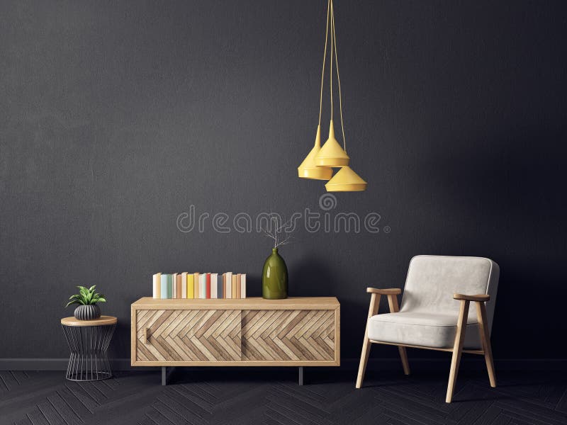 Modernes Wohnzimmer mit gelber Lampe des Lehnsessels und schwarzer Wand skandinavische Innenarchitekturmöbel vektor abbildung