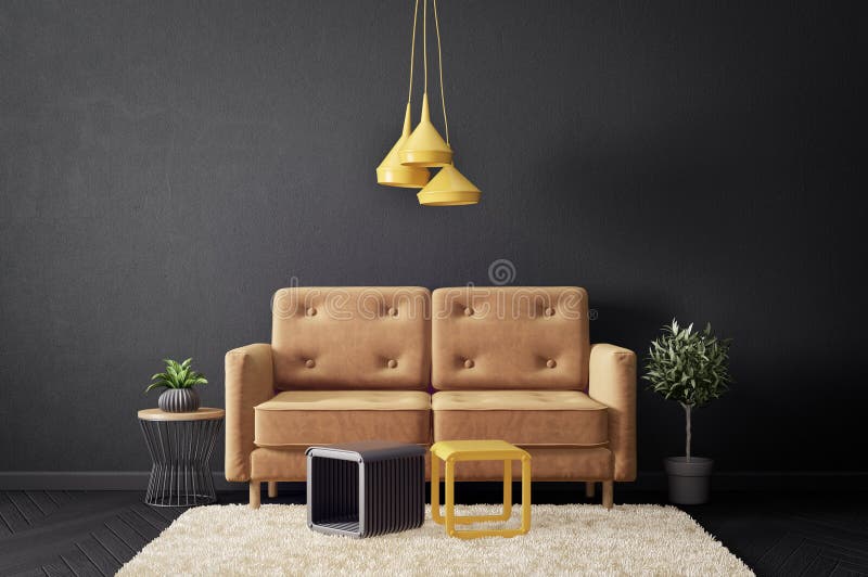 Modernes Wohnzimmer mit Sofa und schwarzer Wand skandinavische Innenarchitekturmöbel lizenzfreie abbildung