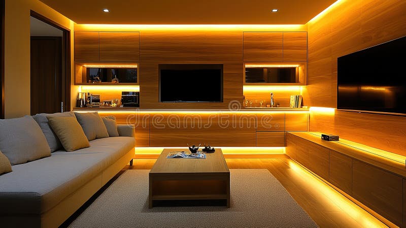 Modernes Wohnzimmer warmes Licht Media Center Entspannung Abend vektor abbildung