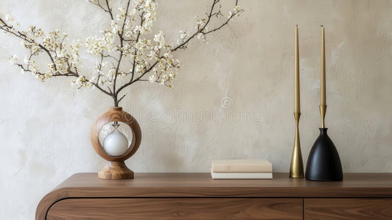 Moderni minimalisti di casa decorati in legno di candele e fiori illustrazione vettoriale