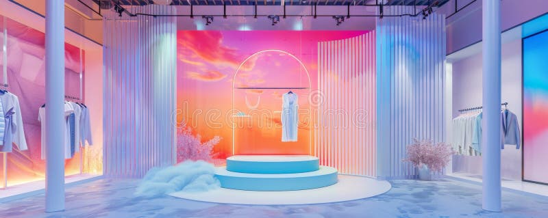 Moderni showroom interni con colori vivaci e un elegante public display immagini stock