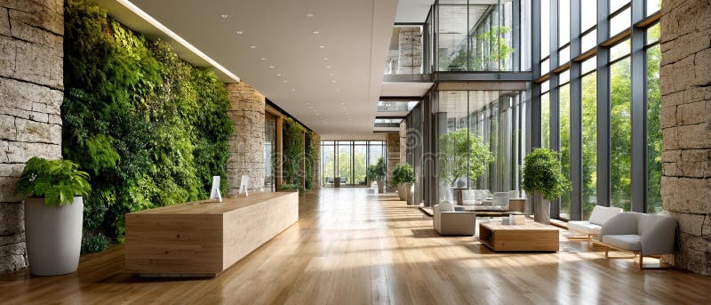 Moderni spazi all'aperto con giardini verticali e vetrine di grandi dimensioni con luce naturale illustrazione vettoriale