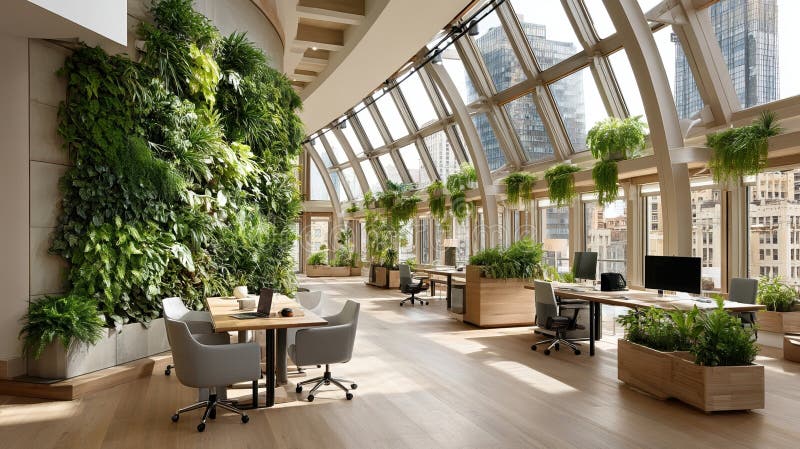 Moderni spazi per uffici con giardino verticale e vetrine di grandi dimensioni che sovrastano la linea urbana illustrazione vettoriale