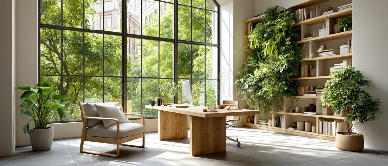 Moderni uffici domestici con tavolette di legno in giardino vetri verdi e scaffali di biblioteca royalty illustrazione gratis