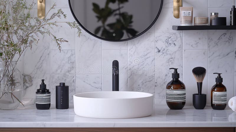Moderno bagno con specchi di bellezza e decorazioni di marmo eleganti con prodotti di bellezza e di sfinitura fotografie stock libere da diritti