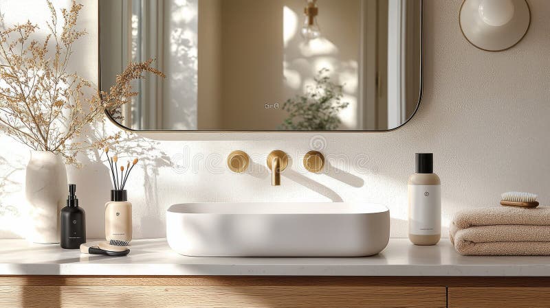 Moderno bagno con specchi di bellezza e decorazioni di marmo eleganti con prodotti di bellezza e di sfinitura fotografia stock libera da diritti