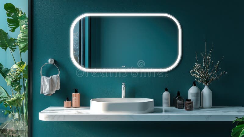 Moderno bagno con specchi di bellezza e tecnologia di riconoscimento facciale in un ambiente interno elegante fotografia stock