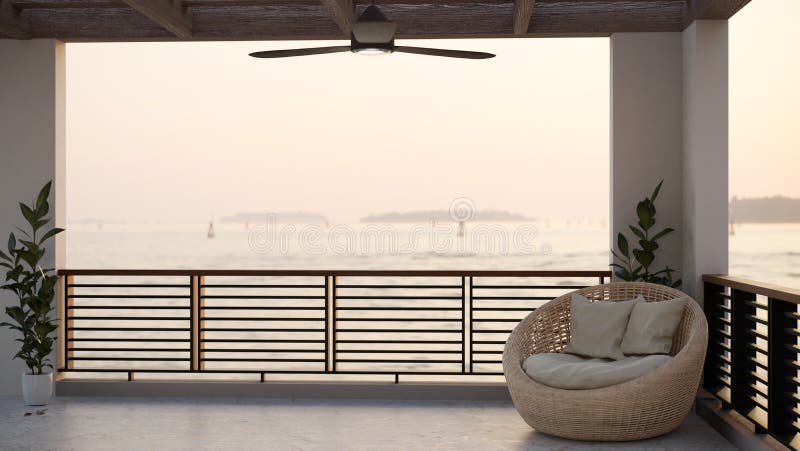 Moderno e minimalista terraferma a salotto con splendida vista oceanica illustrazione di stock