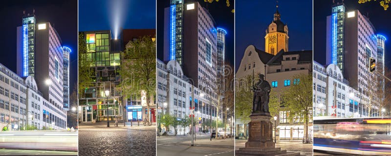 Moderno e monumenti storici alla notte a Jena fotografia stock