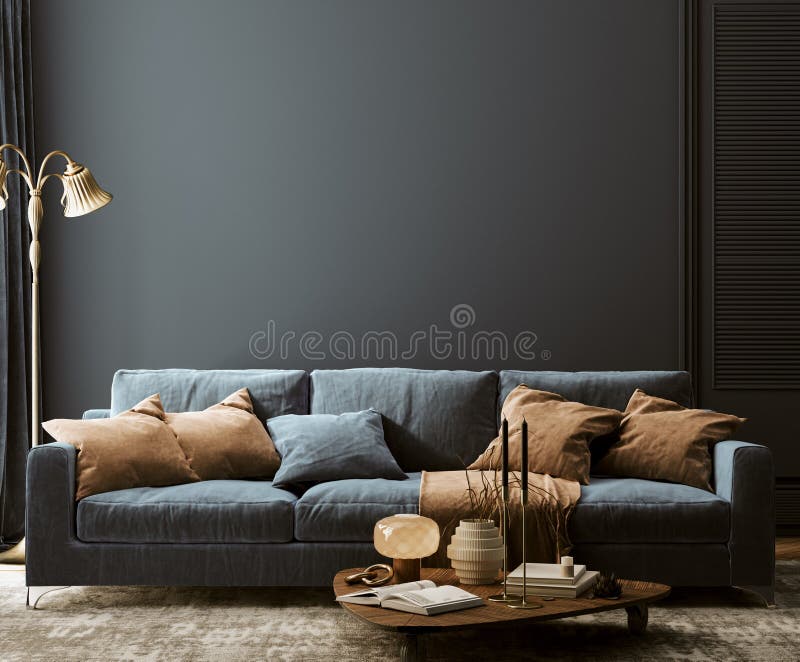 Moderno hogar interior mockola con mesa de sofá azul oscuro y decoración en sala de estar Moderno hogar interior mockola con mesa de sofá azul oscuro y decoración en sala de estar