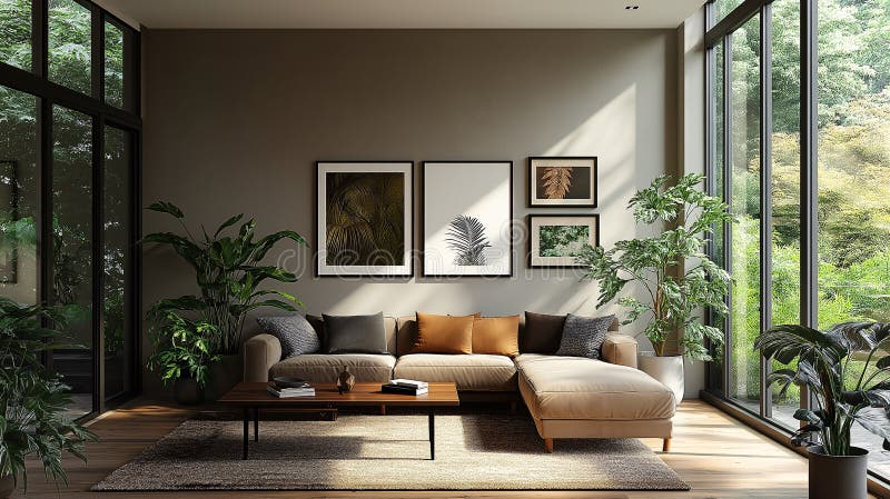 Moderno salotto con piante naturali leggere e interne illustrazione di stock