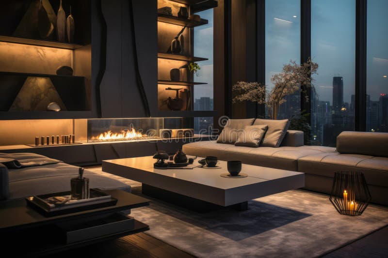 Moderno salotto dove l'eleganza del design minimalista e il tocco di un'onda contemporanea creano un'elegante ritirata illustrazione vettoriale