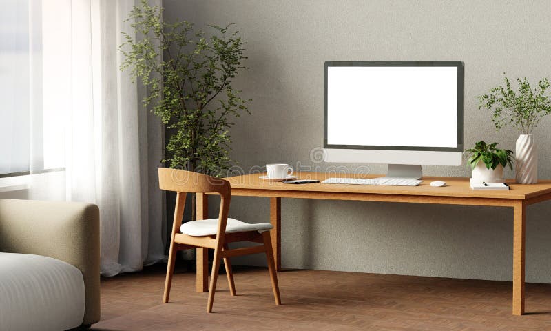 Moderno spazio di lavoro minimalista con rendering naturale 3d. royalty illustrazione gratis