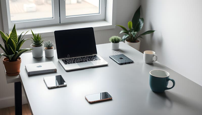 Moderno spazio di lavoro minimalista installato vicino alla finestra illustrazione di stock