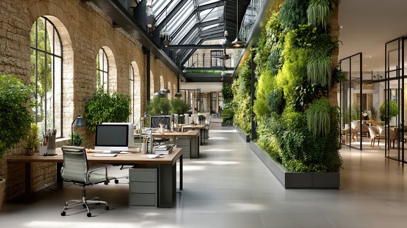 Moderno ufficio aperto con giardino verticale e illuminazione naturale in ambienti industriali illustrazione vettoriale