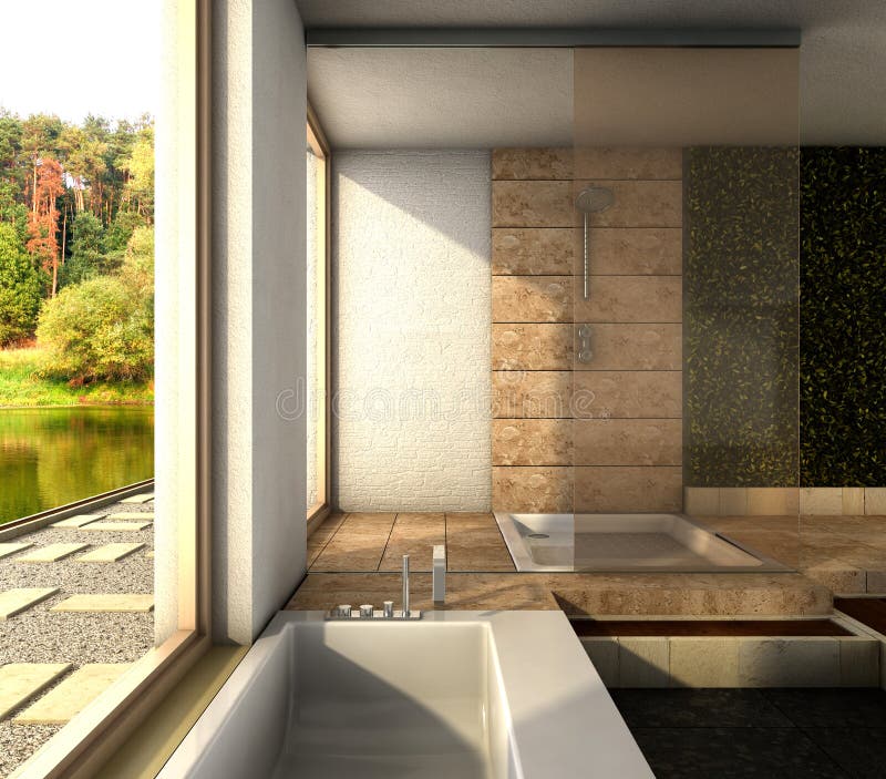 Interior design rendering of modern spa bathroom with light colors and wooden features and great view. Interior design rendering of modern spa bathroom with light colors and wooden features and great view