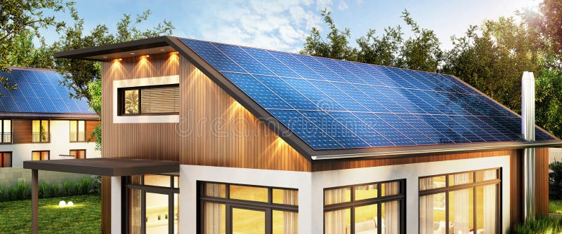 Modernt hus med solpaneler på taket
