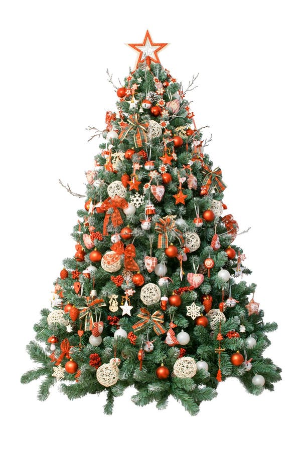 Modernt julträd som isoleras på vit bakgrund som dekoreras med tappningprydnader; ratan boll-, säckväv- och tartanband, trä