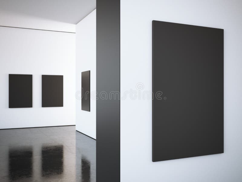 Modernt ljust galleri med svarta ramar framförande 3d royaltyfria foton Modernt ljust galleri med svarta ramar framförande 3d royaltyfria foton