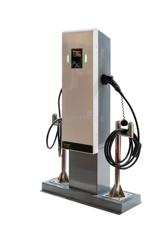 Modern & high technology of transportation electric vehicle charging Ev station with plug of power cable supply for Ev car or hybrid isolated on white background with clipping path Nfc payment system. Modern & high technology of transportation electric vehicle charging Ev station with plug of power cable supply for Ev car or hybrid isolated on white background with clipping path Nfc payment system.