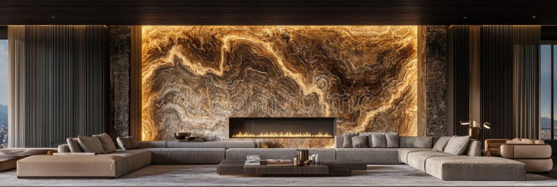 Modernt vardagsrum med luminös onyx-vägg bekväm sektionell soffireplace och stadsvyer. stock illustrationer