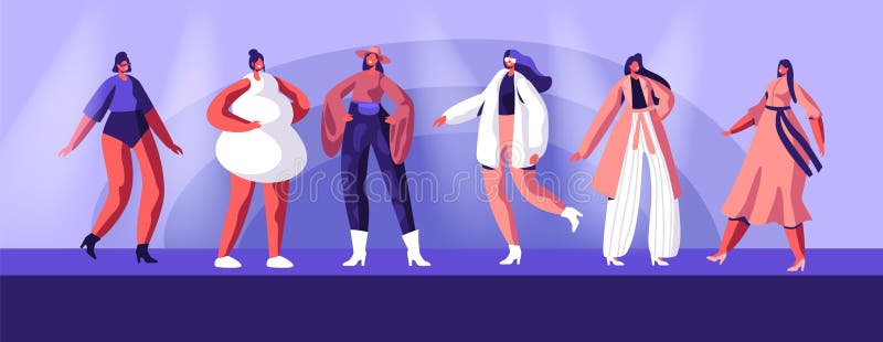 Modeshow met hoogste modellen die in haute-coutureskleding dragen en het aantonen op baan Meisjes in In Kleding stock illustratie Modeshow met hoogste modellen die in haute-coutureskleding dragen en het aantonen op baan Meisjes in In Kleding stock illustratie