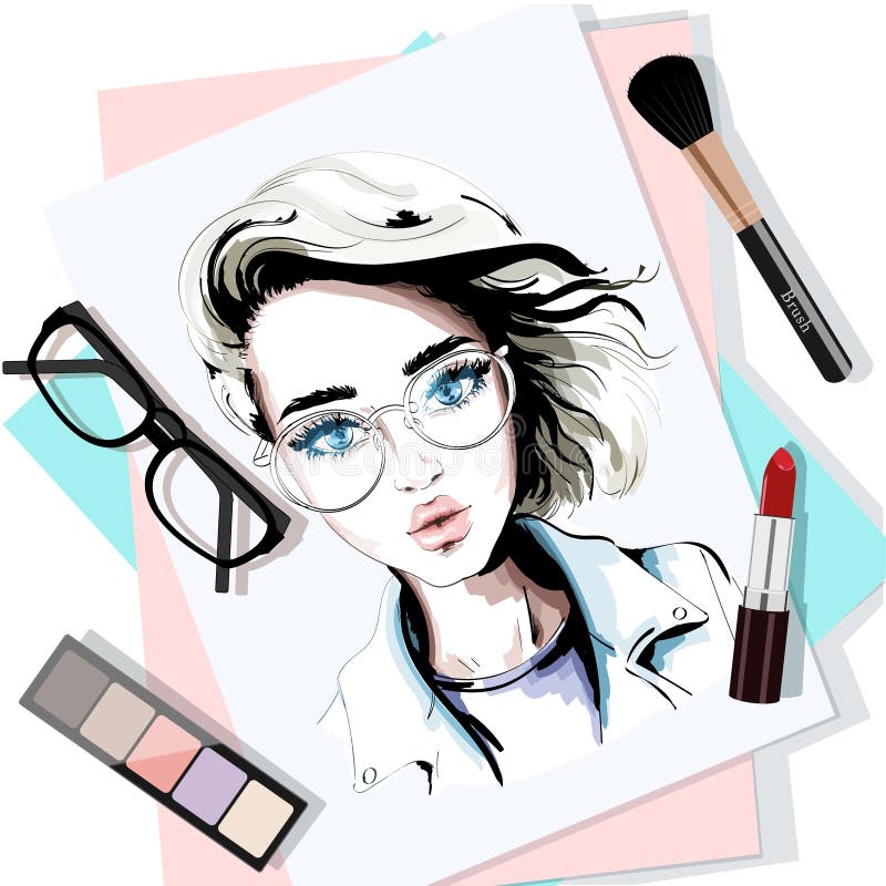 Modieuze die lijst met hand getrokken vrouwenportret, documenten, lippenstift, oogglazen, borstel en oogschaduw wordt geplaatst s stock illustratie Modieuze die lijst met hand getrokken vrouwenportret, documenten, lippenstift, oogglazen, borstel en oogschaduw wordt geplaatst s stock illustratie