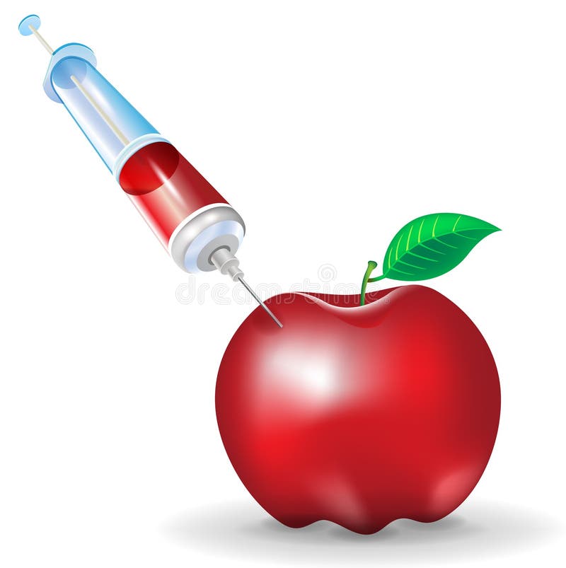 Modificación genética de la fruta; manzana y jeringuilla stock de ilustración