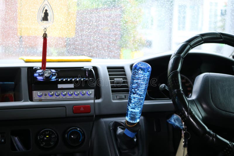 The Modified Gear Stick and Steering Wheel of the Car Stock Image