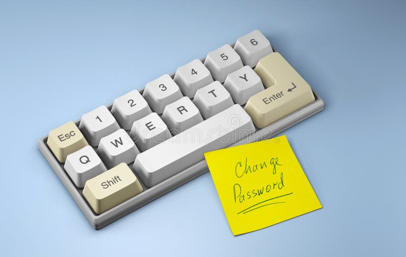 Modifier le mot de passe. clavier avec lettres qwerty et autocollant de bureau jaune sur fond bleu 3d.