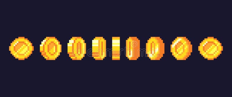 Modig myntanimering för PIXEL Det guld- pixelated myntet animerade ramar, retro 16 bitPIXEL guld och videospelpengarvektorn
