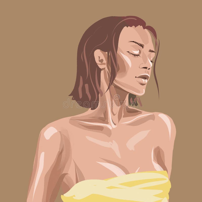 Modig ritning av en ung, vacker flicka med en dusch