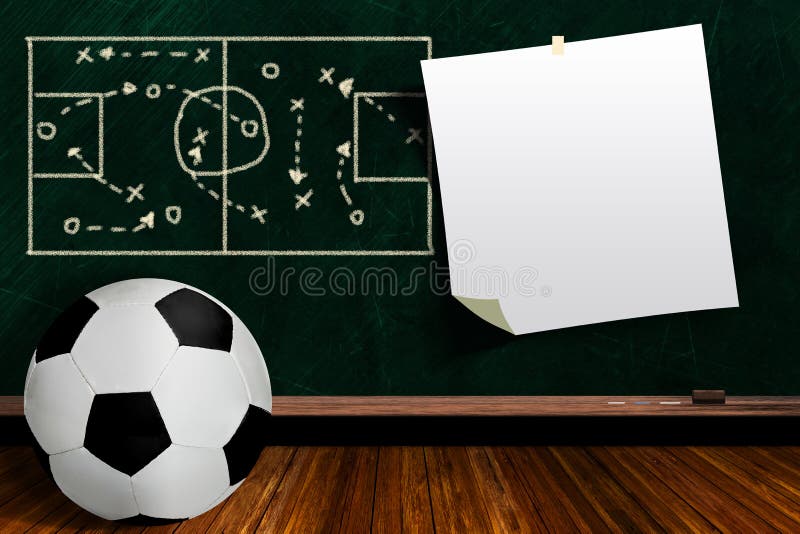 Soccer ball and play strategy drawn on a background chalk board with copy space. Soccer ball and play strategy drawn on a background chalk board with copy space.