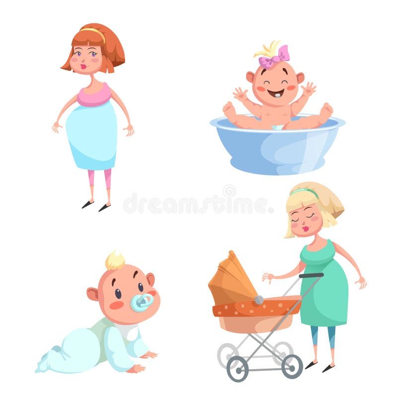 Modische Designmutter der Karikatur und Babyaufkleberikonen Waschendes Mädchen im Becken- und Schleichenbaby, schwangere Frau, Mu stock abbildung Modische Designmutter der Karikatur und Babyaufkleberikonen Waschendes Mädchen im Becken- und Schleichenbaby, schwangere Frau, Mu stock abbildung