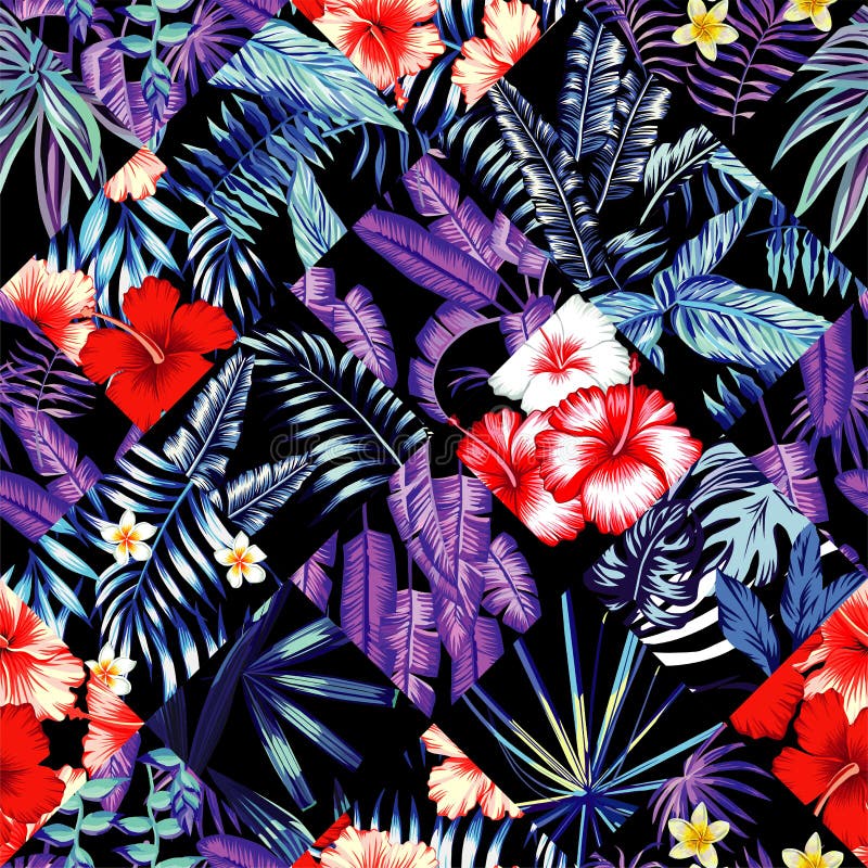 Print fashion tropic jungle seamless vector pattern patchwork in trendy blue style. Red and white flowers hibiscus and plumeria and plant leaf banana palm. Illustration floral poster black background. Print fashion tropic jungle seamless vector pattern patchwork in trendy blue style. Red and white flowers hibiscus and plumeria and plant leaf banana palm. Illustration floral poster black background