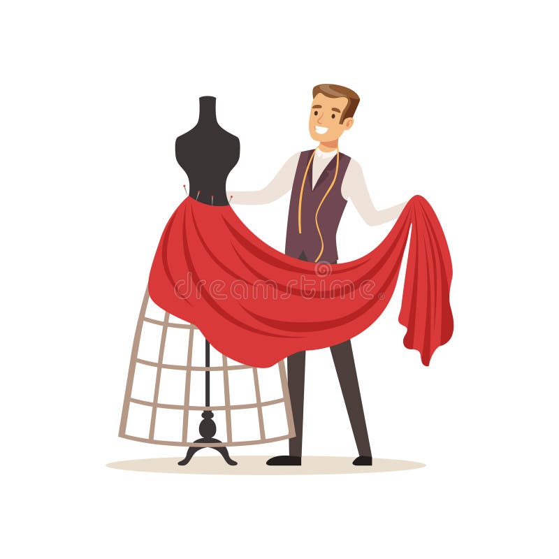 Modista de sexo masculino que cose el vestido rojo en modistas maniquí, diseñador de la ropa o sastre que trabaja en el vector de stock de ilustración