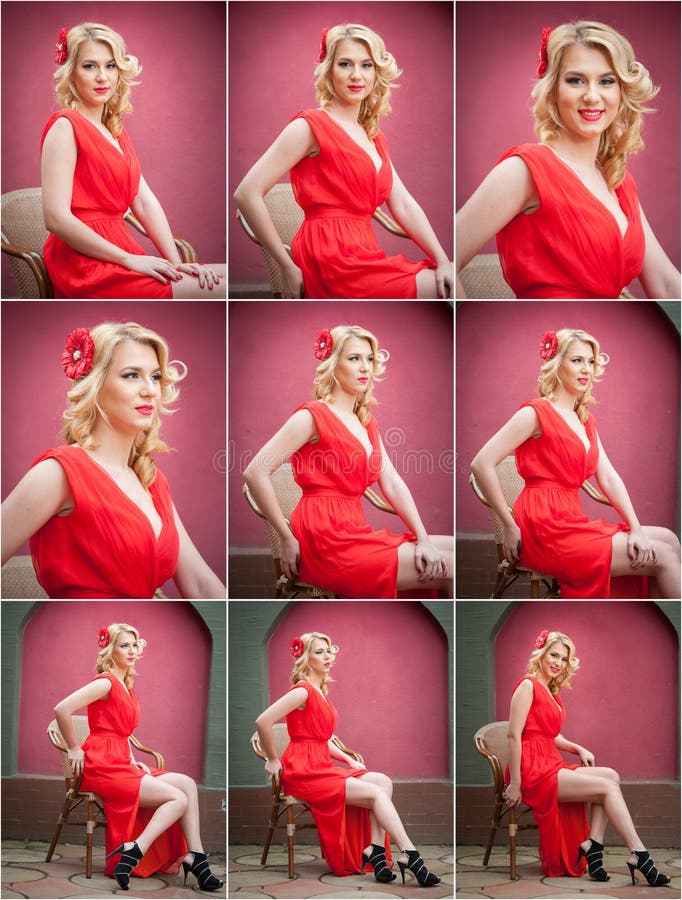 Modna atrakcyjna blondynki kobieta w czerwieni sukni obsiadaniu na krześle Piękna elegancka kobieta z czerwonym szalikiem pozuje zdjęcie royalty free Modna atrakcyjna blondynki kobieta w czerwieni sukni obsiadaniu na krześle Piękna elegancka kobieta z czerwonym szalikiem pozuje zdjęcie royalty free