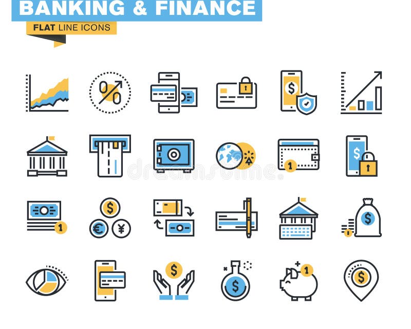 Flat line icons for banking, finance, online payment, m-banking, savings, internet payment security, for websites and mobile websites and apps. Flat line icons for banking, finance, online payment, m-banking, savings, internet payment security, for websites and mobile websites and apps.