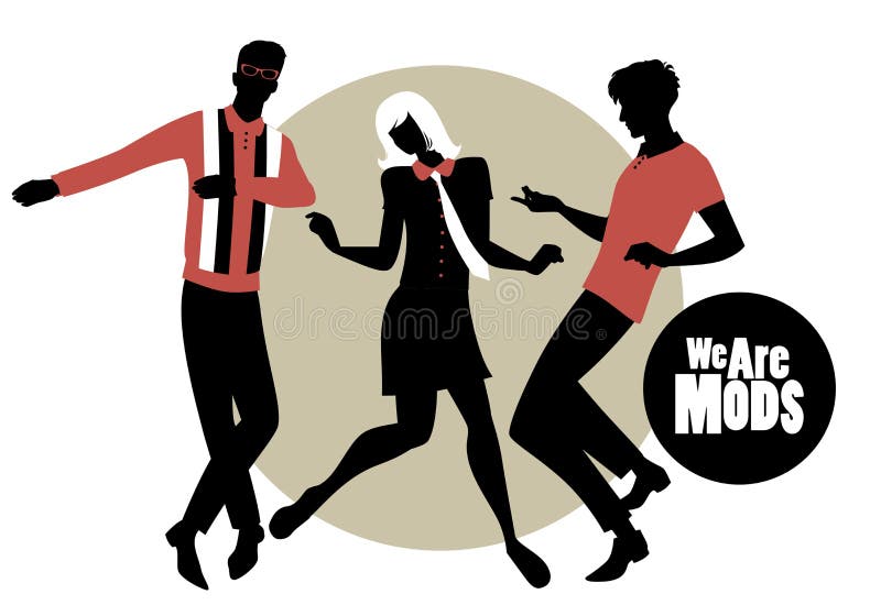 We are Mods. Silhouettes of two guys and girl wearing retro clothes in the 1960s Mod style dancin vector illustration We are Mods. Silhouettes of two guys and girl wearing retro clothes in the 1960s Mod style dancin vector illustration