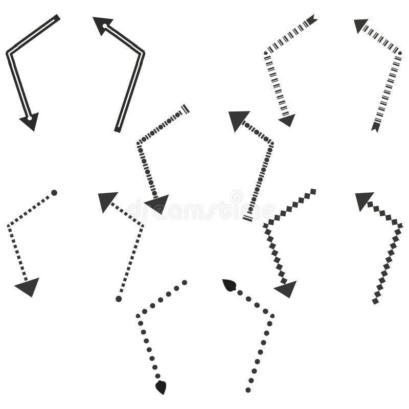 Modular arrow set. Dotted pointer lines. Geometric vector directions. Curved guide shapes. stock illustration